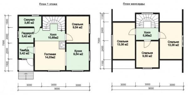 Планировка семейного коттеджа из бруса 7 на 9