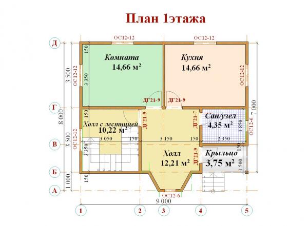 Планировка 1 этажа дома из бруса 7 на 9