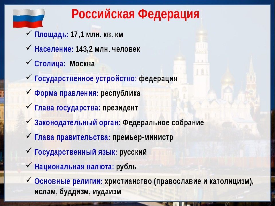 Столица признаки. Площадь и население России. Россия основные сведения о стране. Главные сведения о России. Площадь территории РФ.