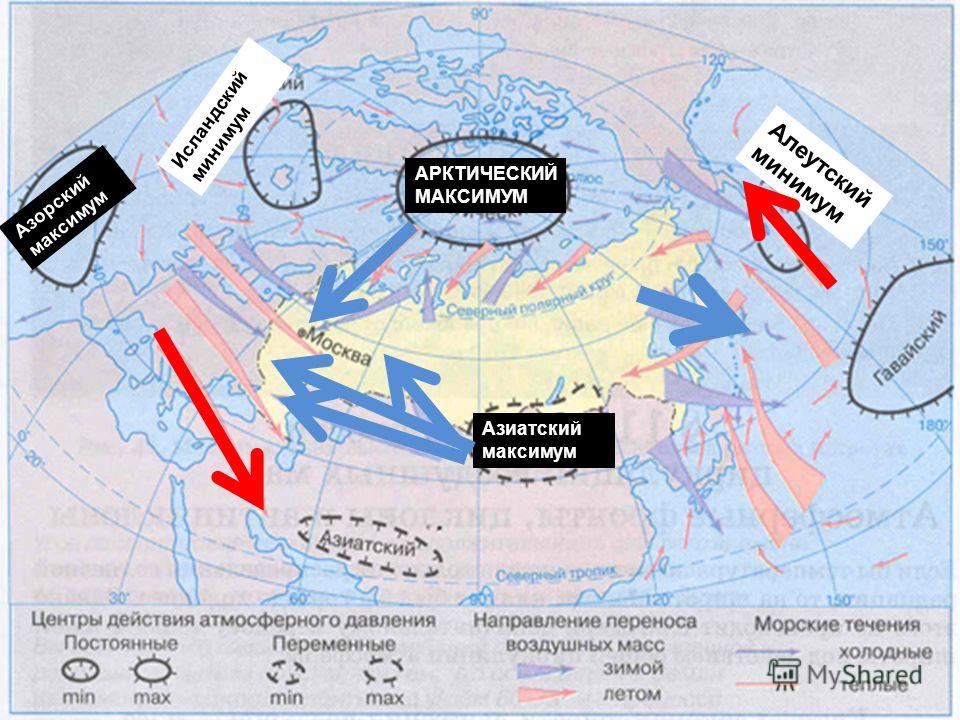 Атмосферное течение. Азорский и Арктический максимумы. Климатическая карта России азиатский максимум. Основные барические центры. Арктические воздушные массы.