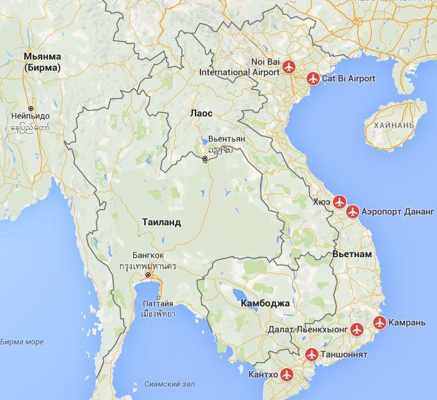 Карта Вьетнама с указанием основных аэропортов