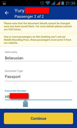 Заполнение данных на рейс Ryanair с телефона