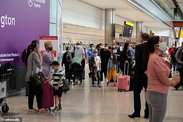 The 11th-hour move sparked chaos for 20,000 British holidaymakers who faced a rush to escape. Pictured: Heathrow Airport arrivals today