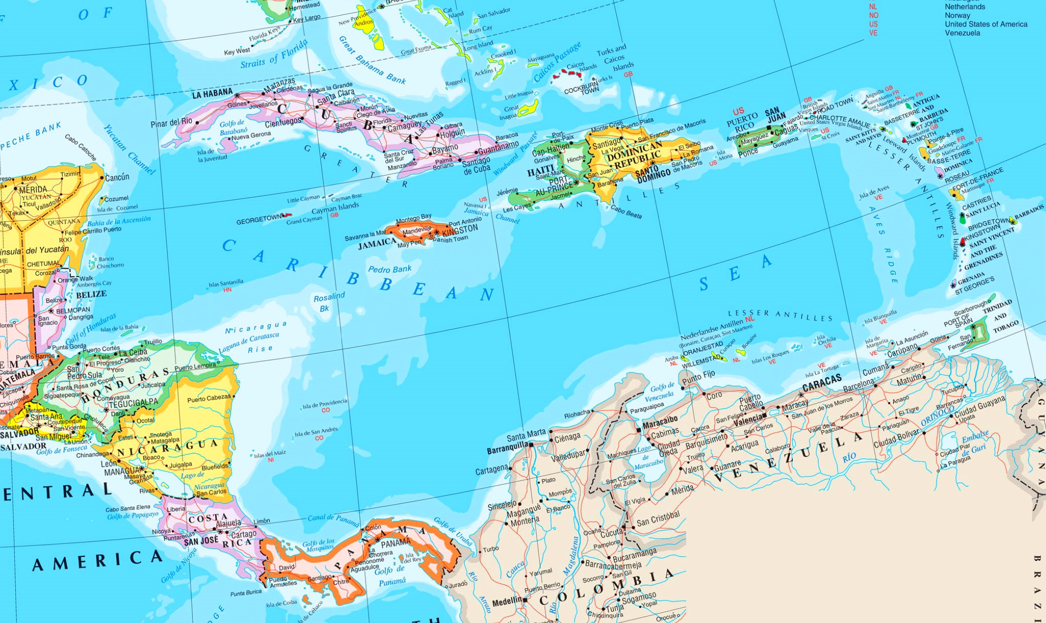 Физическая карта Карибского бассейна