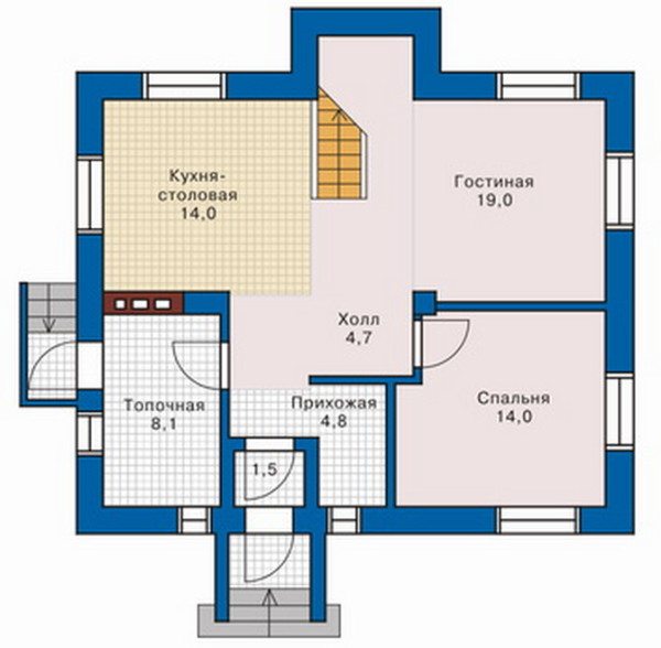 Один из вариантов планировки, где пространство разрезает коридор, обеспечивающий удобный доступ к комнатам