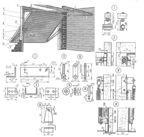Схема устройства деревянных подъемных ворот с чертежами важных узлов