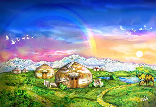 Kazakh Village Yurt Sheep Mountains Lakes Aul Painting Ethnos Painting Stock Image