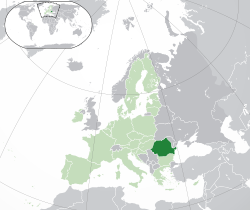 Location of Romania (dark green):      on the European continent (incl. the EU)     in the European Union