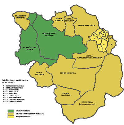 The Grand Duchy of Lithuania at the height of its power in the 15th century, superimposed on modern borders