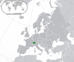Location of  Switzerland  (green) on the European continent  (green and dark grey)