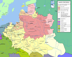 The Grand Duchy of Lithuania at the height of its power in the 15th century, superimposed on modern borders