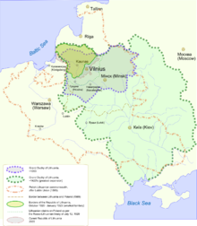 The Grand Duchy of Lithuania at the height of its power in the 15th century, superimposed on modern borders