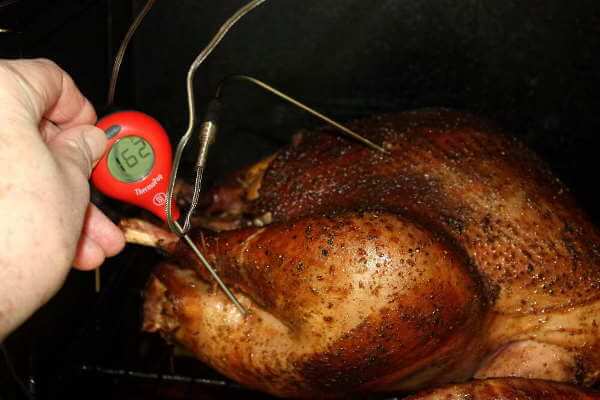 Checking Smoked Turkey Thigh Temperature With a Thermopop Digital Thermometer