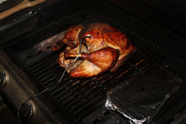Grill Smoking a Whole Turkey, Remote Thermometer Probe Inserted Into Breast