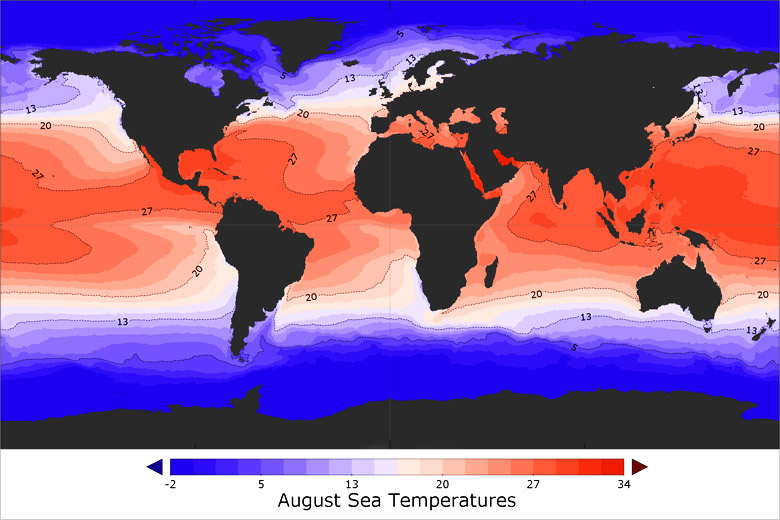 Sea temperature map showing sea surface temperature in August © www.weather2travel.com